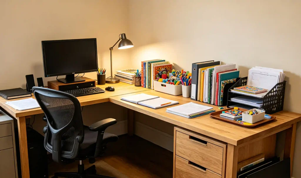 Shared multi-use home office organized for work, study, hobbies and household administration, with zoned desk space, labelled containers, hobby supply storage and a defined area for temporary projects.