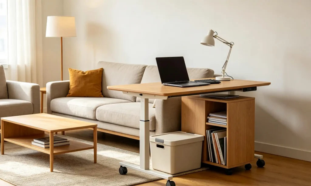Shared living room and home office with mobile caster desk, laptop, keyboard, lamp and rolling storage, the same room works flexibly as seating area and temporary workspace.
