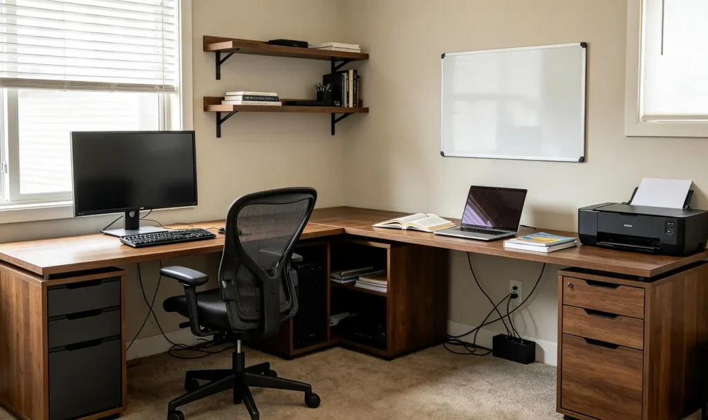 L-shaped home office desk with separate work zones, computer workstation on one side and printer, notebook area on the other, emphasizing extra surface area, organization and functional layout.