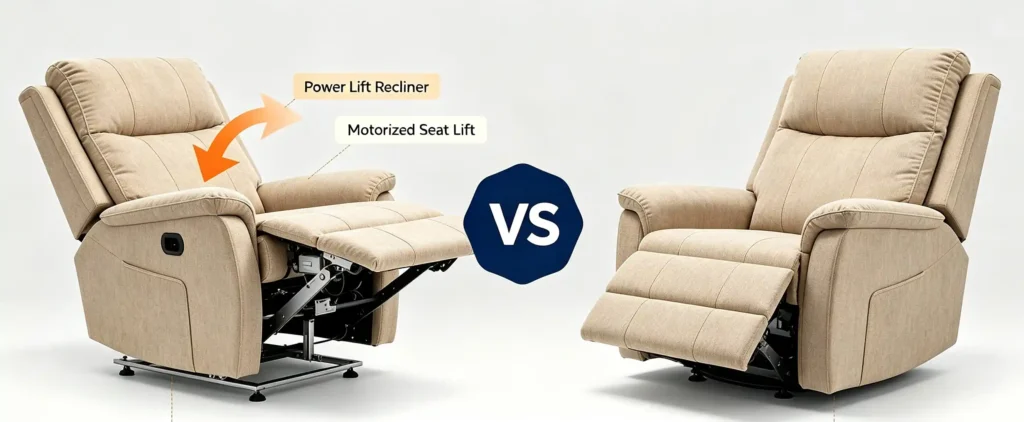 Power lift recliner vs standard recliner comparison image, with a central VS badge showing the motorized lift function of a power lift chair against the back-only reclining function of a standard recliner.
